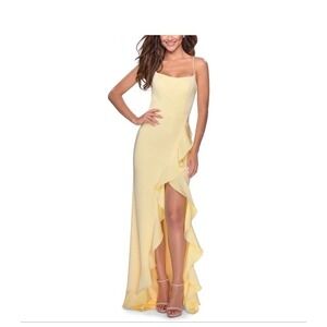 La Femme 28294 Ruffle Front Slit Lace Up Back Dress, Pale Yellow, 6